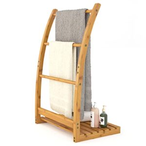 3 tier bamboo towel rack stand free standing blanket rack with bottom storage shelf for bathroom living room 33.3x19.7x12.5 inch