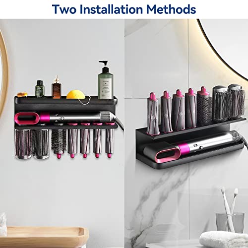 WIOR Storage Holder for Dyson Airwrap Styler Accessories, Wall Mounted Bracket Rack for Curling Iron Attachments, Hair Dryer Organizer Stand with Adhesive and Round Brush for Bathroom Bedroom Salon