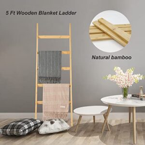 Haorui Bamboo Blanket Ladder 5-Tier Towel Ladder Shelf Towel Racks for Bathroom Wall Leaning Blanket Ladders for Living Room, Bedroom