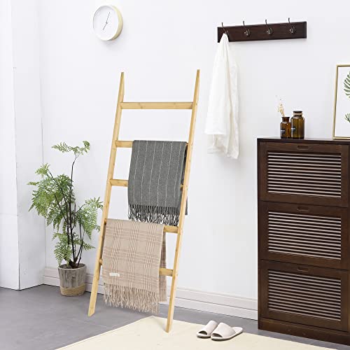 Haorui Bamboo Blanket Ladder 5-Tier Towel Ladder Shelf Towel Racks for Bathroom Wall Leaning Blanket Ladders for Living Room, Bedroom