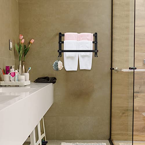 3 Tier Towel Bars, JiGiU Triple Towel Hanger Rack Aluminum Towel Holder with 5 Hooks, 3-Tier Ladder Adhesive Towel Rack Storage Organizer Wall Mounted Space Saving for Bathroom Kitchen Hotel,Black