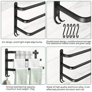 3 Tier Towel Bars, JiGiU Triple Towel Hanger Rack Aluminum Towel Holder with 5 Hooks, 3-Tier Ladder Adhesive Towel Rack Storage Organizer Wall Mounted Space Saving for Bathroom Kitchen Hotel,Black