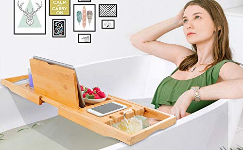 Diosbles Bathtub Caddy Tray Expandable Bamboo Bath Tub Tray Caddy Extendable Bathtub Holders Organizers with Book Ipad Holder and Phone Candle Wineglass Slots