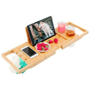 diosbles bathtub caddy tray expandable bamboo bath tub tray caddy extendable bathtub holders organizers with book ipad holder and phone candle wineglass slots