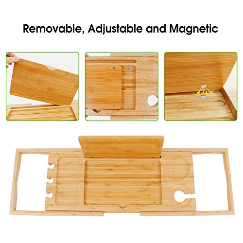 Diosbles Bathtub Caddy Tray Expandable Bamboo Bath Tub Tray Caddy Extendable Bathtub Holders Organizers with Book Ipad Holder and Phone Candle Wineglass Slots