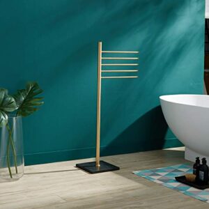 KALYSTE Freestanding Towel Drying Rack – Bathroom Brass Towel Holder Stand, 5 Swivel Arm Rectangle Marble Base 38.8×9.85 Inch, Modern Brushed Gold Bath Towel Stand. (Black Base)