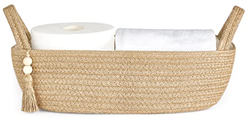 Mkono Small Storage Basket for Toilet Tank Top Boho Bathroom Decor Jute Rope Toilet Paper Tray Back of Toilet Organizer for Shelf Bedroom Living Room, Jute, 1 Pack, 13" L x 6" W