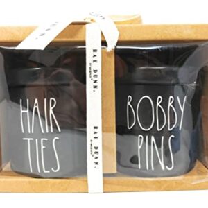 Rae Dunn by Magenta LL Black HAIR TIES and BOBBY PINS Jar Set, 4" tall x 2.75" wide each, Ceramic Jars, Bathroom, Bedroom, Make Up, Holder, Storage, Canister, Organizer