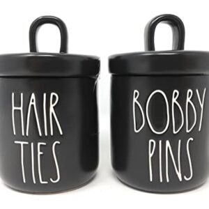 Rae Dunn by Magenta LL Black HAIR TIES and BOBBY PINS Jar Set, 4" tall x 2.75" wide each, Ceramic Jars, Bathroom, Bedroom, Make Up, Holder, Storage, Canister, Organizer