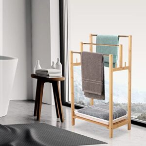 3 Tier Towel Rack Holder Free Standing Towel Hanging and Drying Rack Bath Towel Storage Organizer Solution for Bathroom Hotel Restroom Beach Swimming Pool (Bamboo)