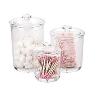hipiwe clear plastic apothecary jars with lid, large size bathroom storage canister jar cotton ball and swab organizer q-tips holder, 60-ounce, 30-ounce and 15-ounce, set of 3