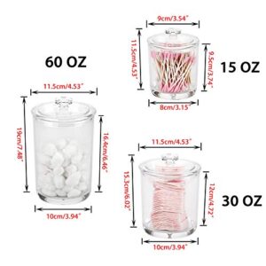 Hipiwe Clear Plastic Apothecary Jars with Lid, Large Size Bathroom Storage Canister Jar Cotton Ball and Swab Organizer Q-Tips Holder, 60-Ounce, 30-Ounce and 15-Ounce, Set of 3