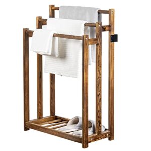 MyGift 3 Tier Freestanding Towel Rack - Rustic Dark Brown Wood Bathroom Towel Drying Stand Holder with Bottom Storage Shelf