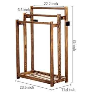 MyGift 3 Tier Freestanding Towel Rack - Rustic Dark Brown Wood Bathroom Towel Drying Stand Holder with Bottom Storage Shelf