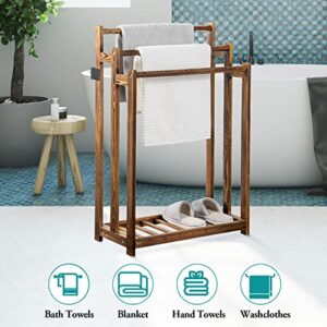 MyGift 3 Tier Freestanding Towel Rack - Rustic Dark Brown Wood Bathroom Towel Drying Stand Holder with Bottom Storage Shelf
