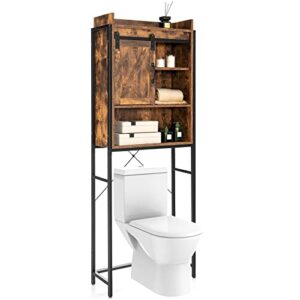 tangkula over-the-toilet storage cabinet, freestanding 4-tier bathroom organizer rack w/adjustable shelf & sliding barn door, multifunctional bathroom space saver, 25 x 9.5 x 67.5 in (rustic brown)