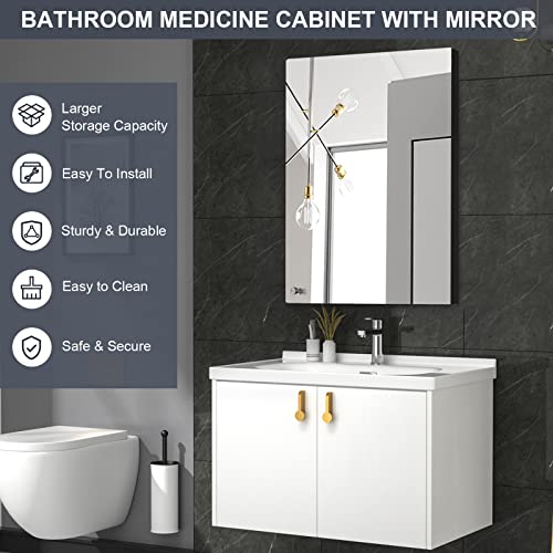 Medicine Cabinet, 17.7" X 25.6" Recessed or Surface Bathroom Medicine Cabinet with Mirror Door, Stainless Steel Bathroom Wall Cabinet for Bathroom