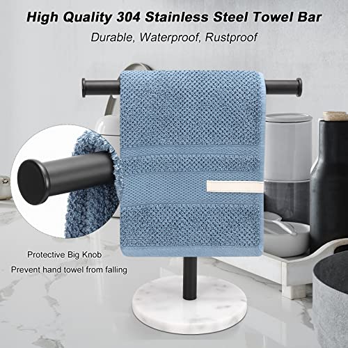 Winmien Stand Towel Rack with Thickened Marble Base, SUS304 Stainless Steel T-Shape Hand Towel Holder for Bathroom Vanity Countertop (Matte Black+Marble)