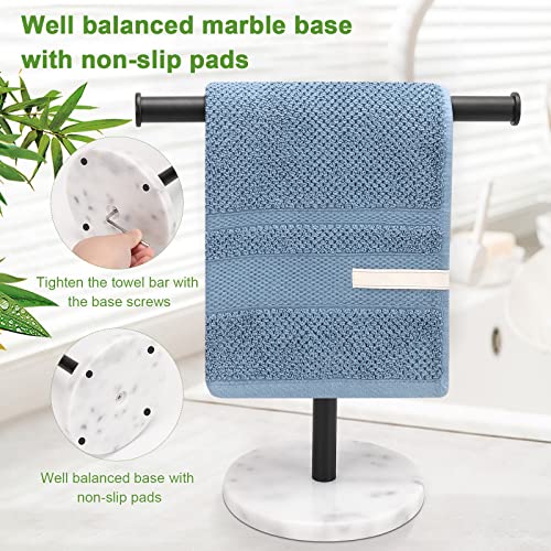 Winmien Stand Towel Rack with Thickened Marble Base, SUS304 Stainless Steel T-Shape Hand Towel Holder for Bathroom Vanity Countertop (Matte Black+Marble)