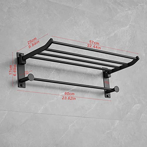 JunSun Foldable Towel Rack with Towel Bar 24-Inch Stainless Steel Multifunctional Bathroom Towel Shelf Towel Holder Modern Towel Hanger Bathroom Accessories Storage Shelf Wall Mounted Matte Black