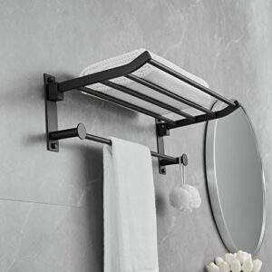 JunSun Foldable Towel Rack with Towel Bar 24-Inch Stainless Steel Multifunctional Bathroom Towel Shelf Towel Holder Modern Towel Hanger Bathroom Accessories Storage Shelf Wall Mounted Matte Black