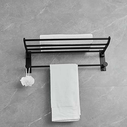 JunSun Foldable Towel Rack with Towel Bar 24-Inch Stainless Steel Multifunctional Bathroom Towel Shelf Towel Holder Modern Towel Hanger Bathroom Accessories Storage Shelf Wall Mounted Matte Black