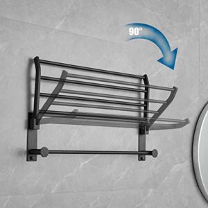 JunSun Foldable Towel Rack with Towel Bar 24-Inch Stainless Steel Multifunctional Bathroom Towel Shelf Towel Holder Modern Towel Hanger Bathroom Accessories Storage Shelf Wall Mounted Matte Black