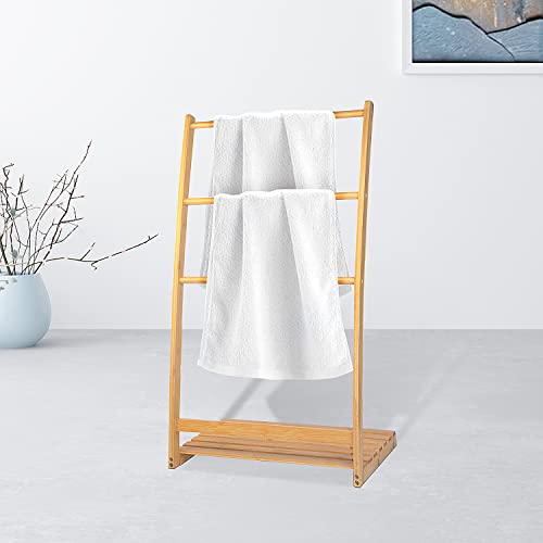3 Tier Bamboo Towel Rack Stand Free Standing Blanket Rack with Bottom Storage Shelf,Quilt Rack Bamboo Towel Bar with Shelf Rustic Towel Racks for Bathroom Freestanding with Shelf