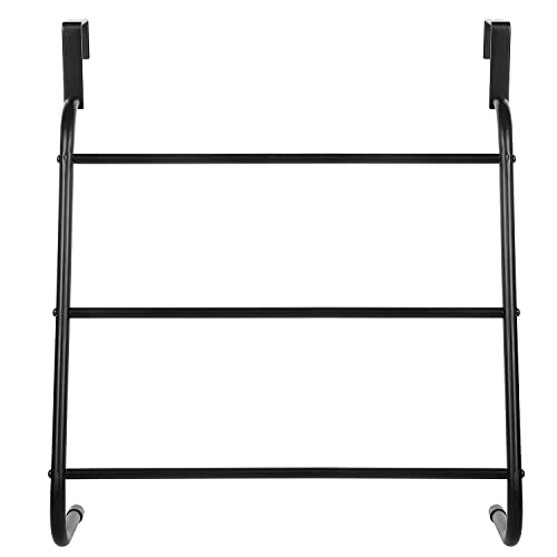 MyGift Modern Black Metal Over The Door Triple Bar Towel Holder Rack and Clothes Drying Hanger, Space Saving Bathroom Laundry Room Hanging Rack