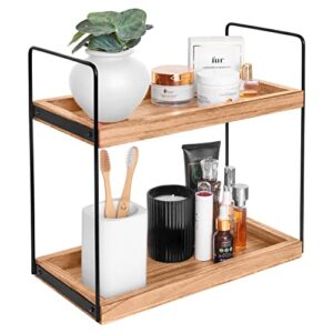 hidden haven - upgraded - 2 tier wooden countertop organizer lightly lacquered to resist water and stains - multi-use organizer - bathroom organizer, kitchen organizer (natural wood)