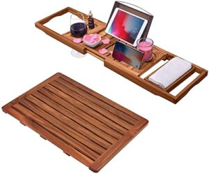 teak shower mat with bathtub caddy tray set,portable spa bath mat and bath tray for tub, waterproof, perfect for bathroom