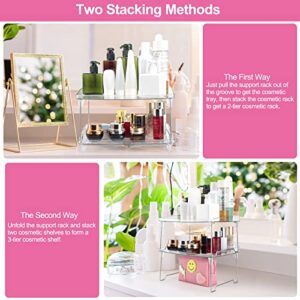 2 Tier Makeup Organizer Perfume Organizer Acrylic Bathroom Organizer Countertop Makeup and Perfume Organizer Collapsible Makeup Shelf Organizer for Vanity, Bathroom Counter, Kitchen Cabinets (Clear)