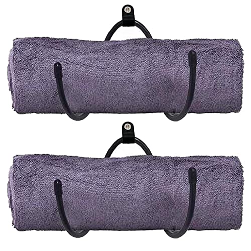 Wall Mount Towel Storage Rack Organizer Holder for Bathroom, Kitchen, Utility Room - Holds Hand Towels, Towels, Robes,Washcloths - Adjustable Metal Hooks -2/PK（Black