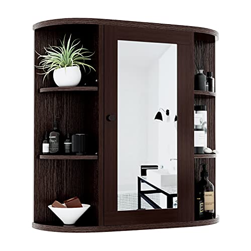 MEETWARM Bathroom Cabinet Wall Mounted Multipurpose Hanging Cupboard Kitchen Medicine Storage Organizer with Mirror Single Door and 2 Adjustable Shelves (Coffee)