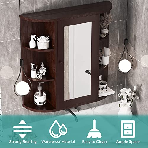 MEETWARM Bathroom Cabinet Wall Mounted Multipurpose Hanging Cupboard Kitchen Medicine Storage Organizer with Mirror Single Door and 2 Adjustable Shelves (Coffee)