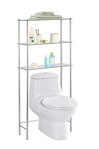 Home Basics 3 Tier Shelf Over The Toilet Space Saver with Tempered Glass Shelves for Bathroom Storage and Organization, Chrome