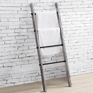 mygift 5 foot graywash wood blanket ladder wall leaning towel rack with 4 metal rung, farmhouse home storage decor for living room, bathroom, bedroom