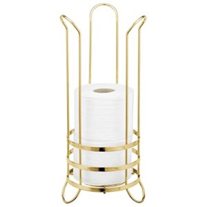 mdesign decorative free standing toilet paper holder stand with storage for 3 rolls of toilet tissue - for bathroom/powder room - holds mega rolls - durable metal wire - soft brass