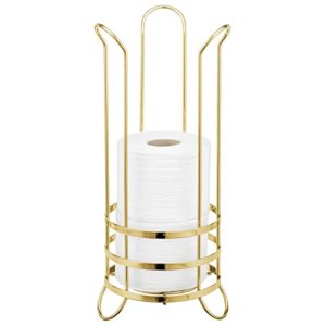 mDesign Decorative Free Standing Toilet Paper Holder Stand with Storage for 3 Rolls of Toilet Tissue - for Bathroom/Powder Room - Holds Mega Rolls - Durable Metal Wire - Soft Brass