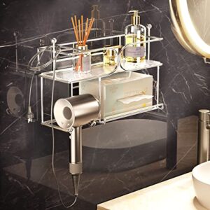 Acliys Bathroom Shelves Wall Mounted, Acrylic Hair Dryer Holder Tissue Box Holder, No Drilling Floating Shelves Bathroom Accessories for Blow Dryer Facial Tissues Cosmetics Toothbrush(Silver, Clear)