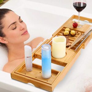 bathtub caddy tray, bamboo bath tray table extendable reading rack tablet phone holder wine glass holder shelf desk bathroom spa