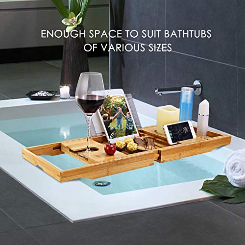 Bathtub Caddy Tray, Bamboo Bath Tray Table Extendable Reading Rack Tablet Phone Holder Wine Glass Holder Shelf Desk Bathroom Spa