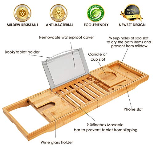 Bathtub Caddy Tray, Bamboo Bath Tray Table Extendable Reading Rack Tablet Phone Holder Wine Glass Holder Shelf Desk Bathroom Spa