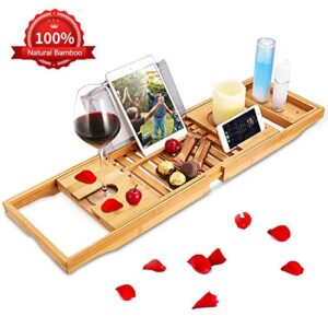 Bathtub Caddy Tray, Bamboo Bath Tray Table Extendable Reading Rack Tablet Phone Holder Wine Glass Holder Shelf Desk Bathroom Spa