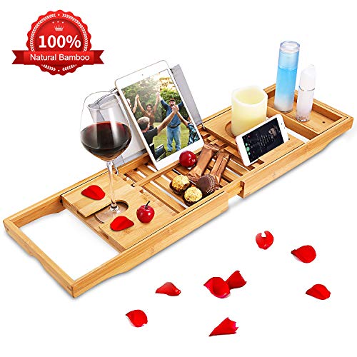 Bathtub Caddy Tray, Bamboo Bath Tray Table Extendable Reading Rack Tablet Phone Holder Wine Glass Holder Shelf Desk Bathroom Spa