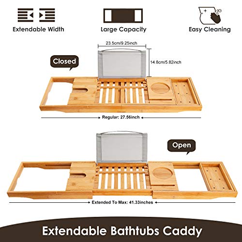 Bathtub Caddy Tray, Bamboo Bath Tray Table Extendable Reading Rack Tablet Phone Holder Wine Glass Holder Shelf Desk Bathroom Spa