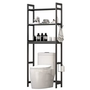 bonzy home over the toilet storage bamboo 3 tier bathroom organizer space saver bathroom shelf freestanding toilet stands with hooks, black