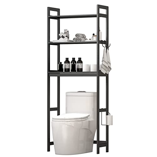 Bonzy Home Over The Toilet Storage Bamboo 3 Tier Bathroom Organizer Space Saver Bathroom Shelf Freestanding Toilet Stands with Hooks, Black