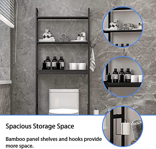 Bonzy Home Over The Toilet Storage Bamboo 3 Tier Bathroom Organizer Space Saver Bathroom Shelf Freestanding Toilet Stands with Hooks, Black