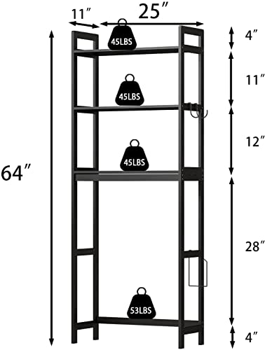 Bonzy Home Over The Toilet Storage Bamboo 3 Tier Bathroom Organizer Space Saver Bathroom Shelf Freestanding Toilet Stands with Hooks, Black